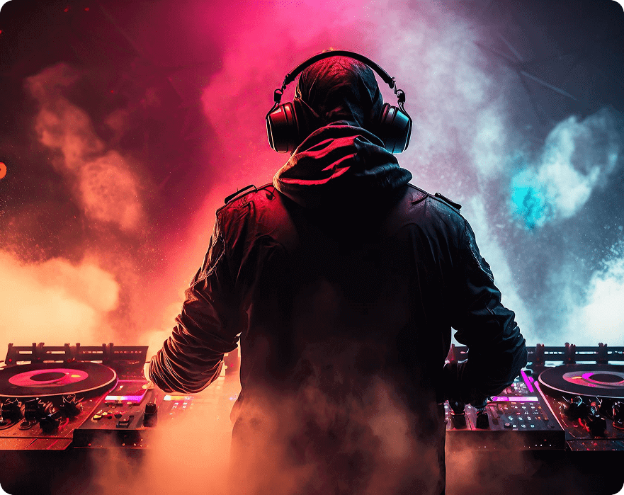 DJ performing with colorful lights and smoke.